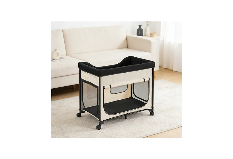 Zeus & Ruta Elevated Cat Lounge Foldable Bunk 600D Oxford Dutch Velvet Cot on Wheels Side Pouches Carry Bag Xl Beige