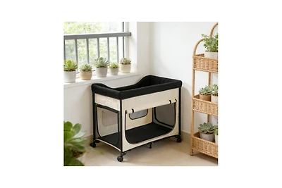 Zeus & Ruta Elevated Cat Lounge Foldable Bunk 600D Oxford Dutch Velvet Cot on Wheels Side Pouches Carry Bag Xl Beige