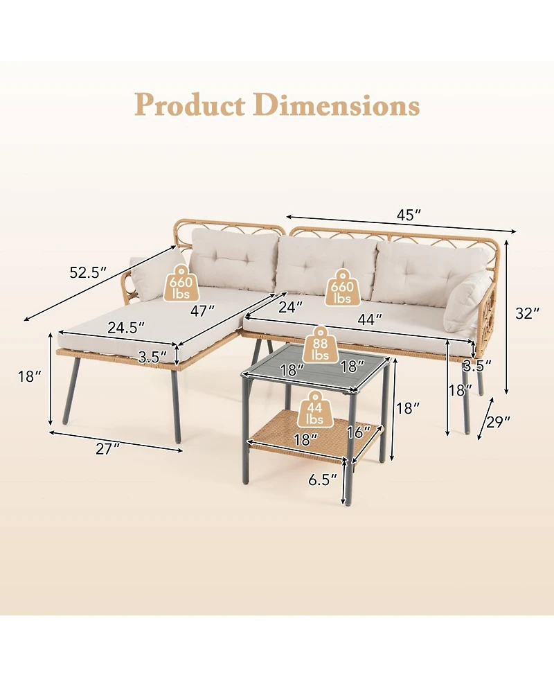 Sugift 3 Piece Corner Patio Furniture Set with Small Coffee Table