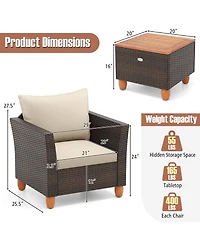 Sugift 3 Piece Patio Wicker Furniture Set with Cushions and Wood Table