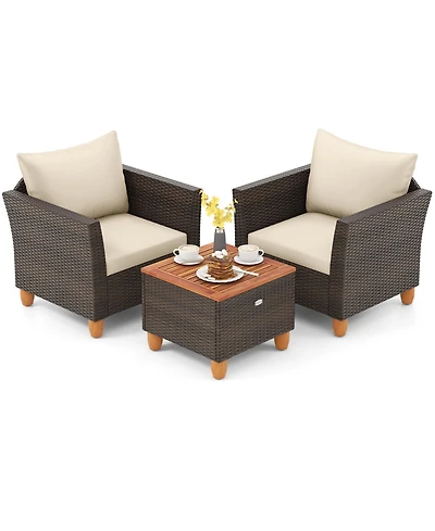 Sugift 3 Piece Patio Wicker Furniture Set with Cushions and Wood Table