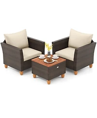 Sugift 3 Piece Patio Wicker Furniture Set with Cushions and Wood Table