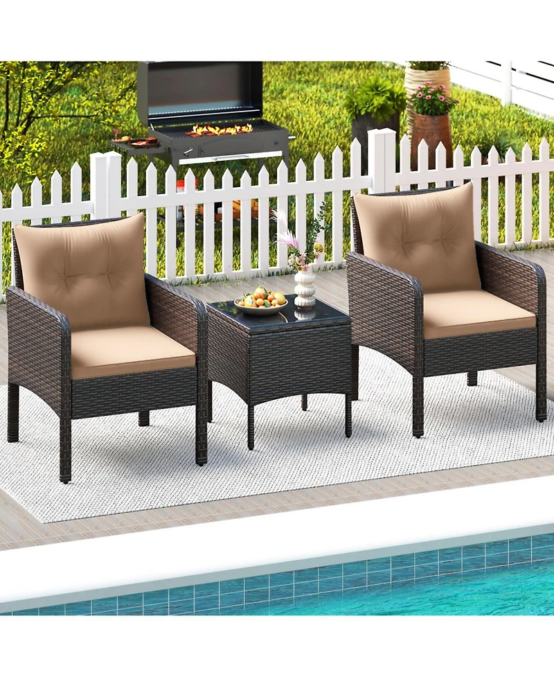 Sugift 3 Piece Patio Wicker Furniture Set with Cushions for Balcony