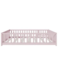 Jujabu Full Rubber Wood Floor Bed with Fence Door and Safety Guardrails