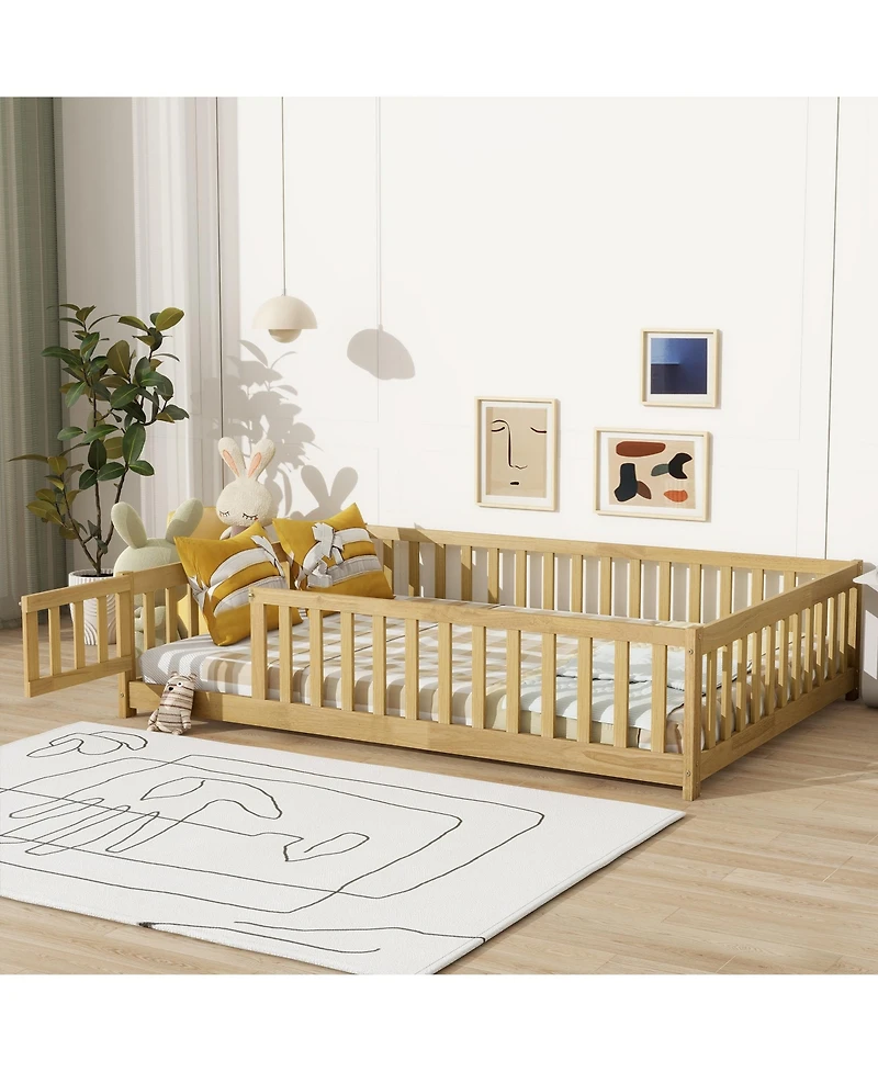 Jujabu Full Rubber Wood Floor Bed with Fence Door and Safety Guardrails