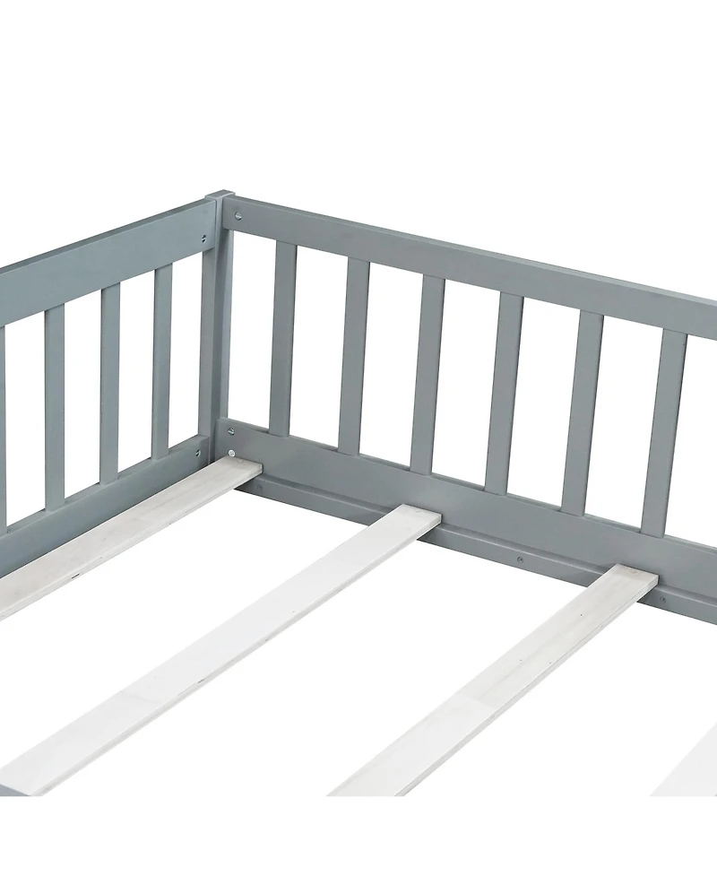 Jujabu Full Rubber Wood Floor Bed with Fence Door and Safety Guardrails
