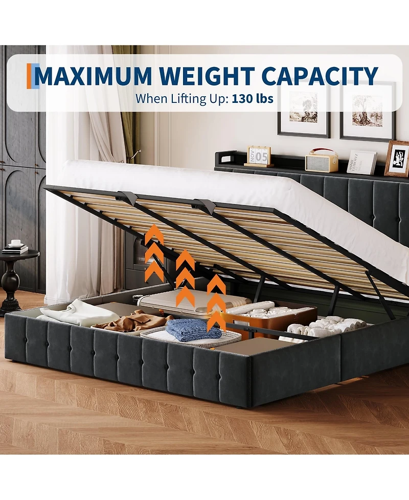 Homfan Lift Up Bed Frame, Upholstered Bed with Button Tufted Wingback Storage Headboard, Hydraulic Storage, No Box Spring Needed