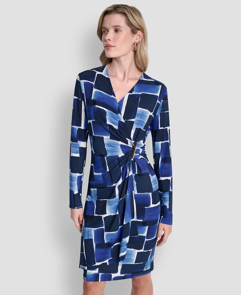Dkny Women's Long-Sleeve V-Neck Faux Wrap Dress