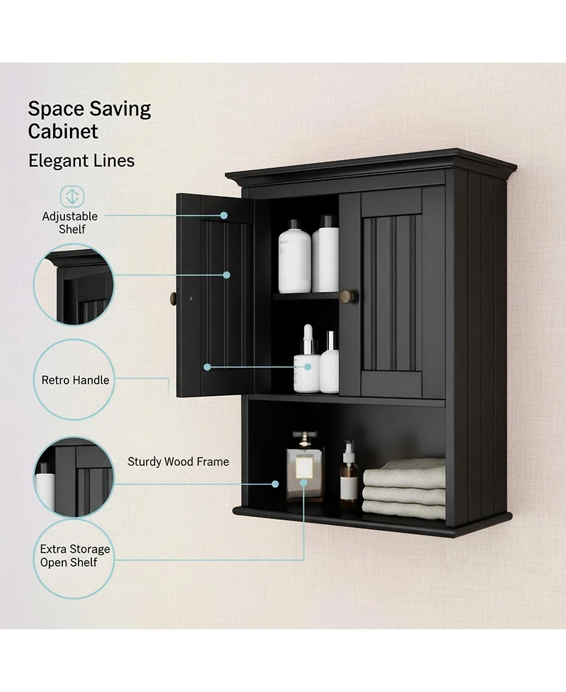 Yigii Wood Wall Cabinet Bathroom Storage Rustic Mounted Adjustable Shelf Two Doors Multi Purpose Organizer