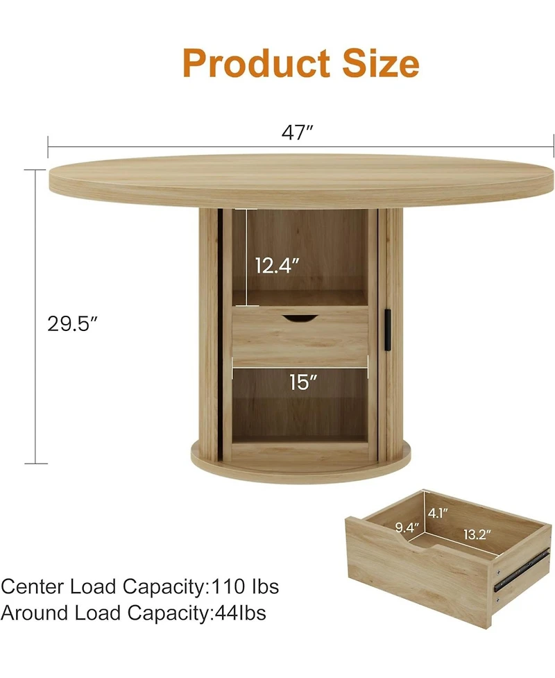 gaomon 47'' Round Dining Table for 4–6 with 2-Layer Storage Shelf & Drawer, Farmhouse Kitchen & Dining Room Table