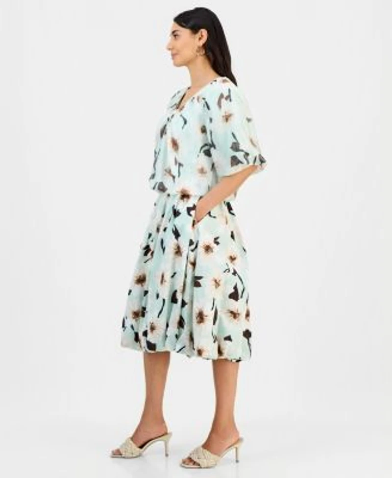 I.N.C. International Concepts Petite Puff Sleeve Bubble Blouse Pull On Midi Skirt Macys Exclusive