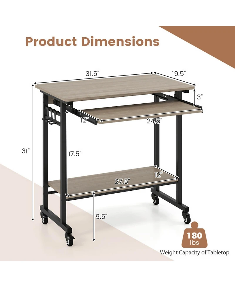 Gouun Rolling Computer Table with Pull-out Keyboard Tray and Storage Hooks