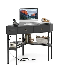 Gouun Triangle Corner Desk with Charging Station, 2 Drawers and Storage Shelf