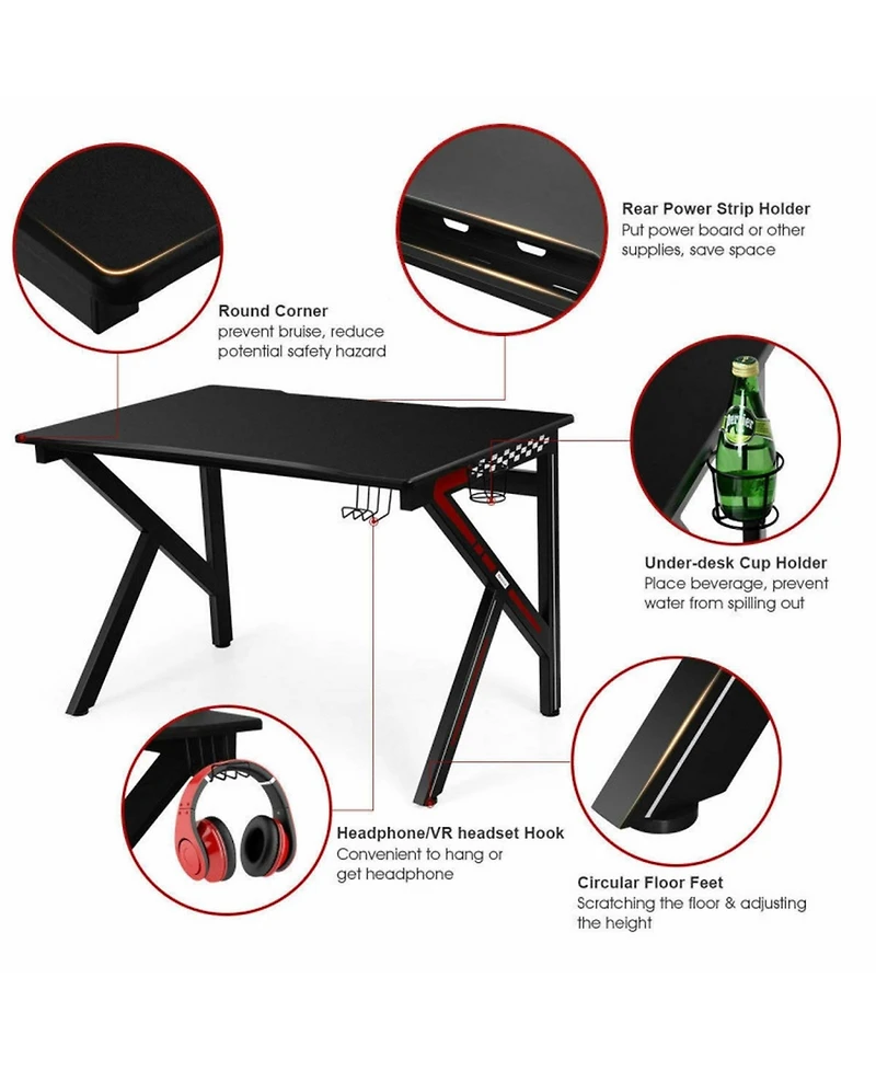Gouun K-Shaped Gaming Desk with Cup Holder and Headphone Hook