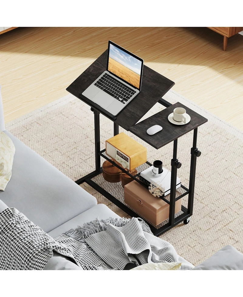 Gouun Mobile Height Adjustable Standing Table with Tilting Tabletop and Shelves