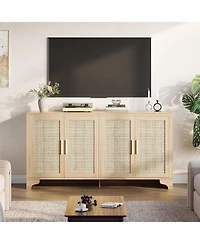 4-Door Boho Sideboard Buffet Cabinet, Natural Rattan Storage, Entryway Console or Coffee Bar Table for Dining Room, Living Kitchen,