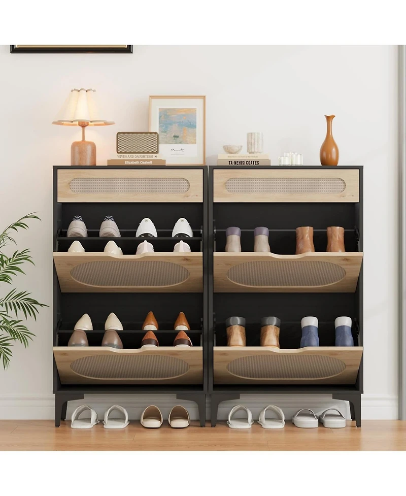 gaomon Rattan Shoe Cabinet with 2 Flip Drawers & 1 Pull-Out Drawer – Free-Standing Shoe Storage Cabinet with 3-Position Adjustable Shelf