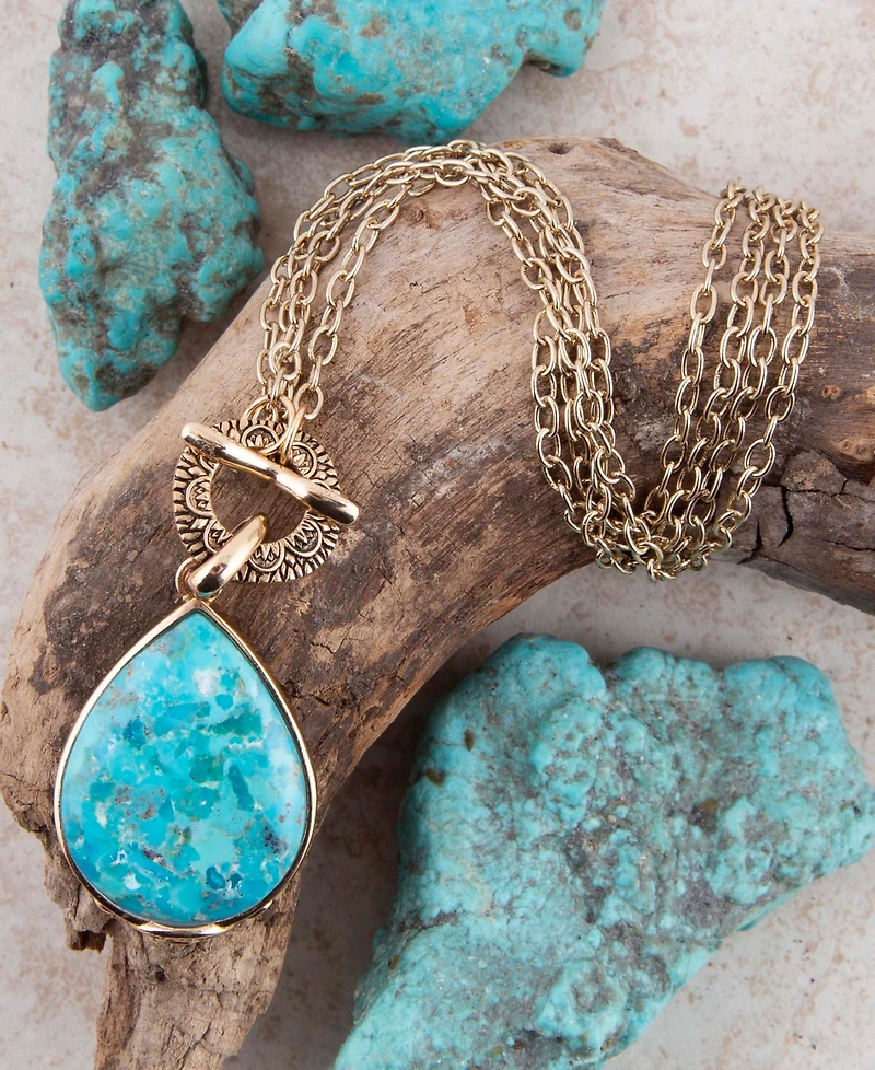 Barse Genuine Blue Turquoise Roped Golden Bronze Pendant Necklace