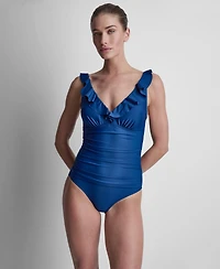 Dkny Ruffle Plunge Underwire Tummy Control One-Piece Swimsuit, Created for Macy's