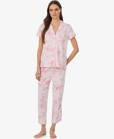 Lauren Ralph Petite Short-Sleeve Notch Collar Cropped Pant Pajama Set