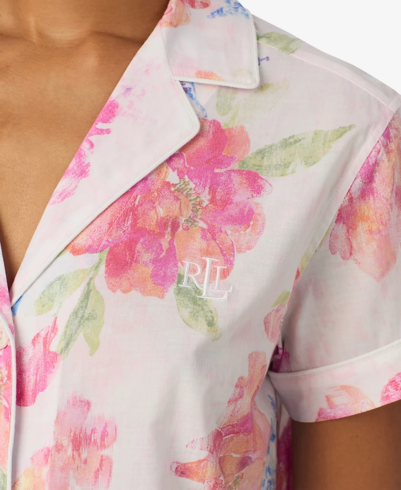 Lauren Ralph Women's Short-Sleeve Notch Collar Cropped Pant Pajama Set