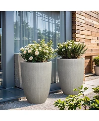 LuxenHome 2-Piece Tall Tapered Round Plastic Planters Set, Mediterranean Gray