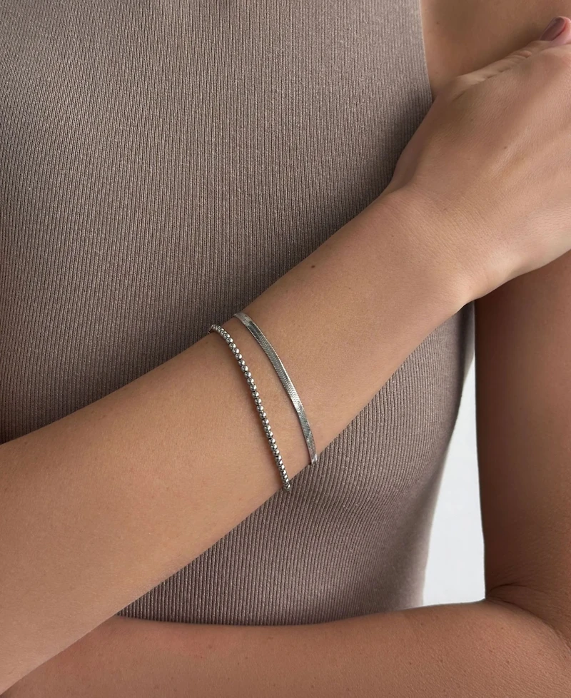 Adornia Tarnish Resistant Silver Herringbone and Beaded Bracelet Set