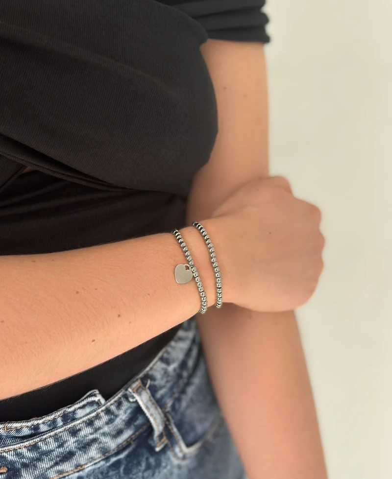 Adornia Silver 2-Piece Bead Heart Bracelet Set