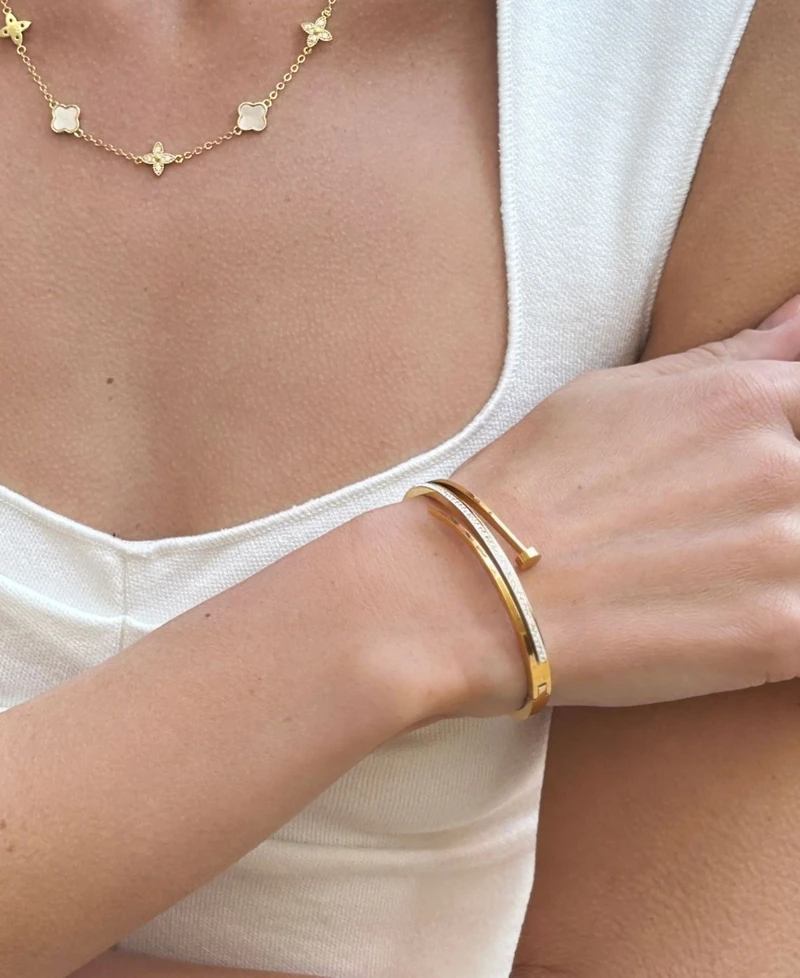 Adornia Gold -Piece Nail and Clover Cuff Bracelet Set