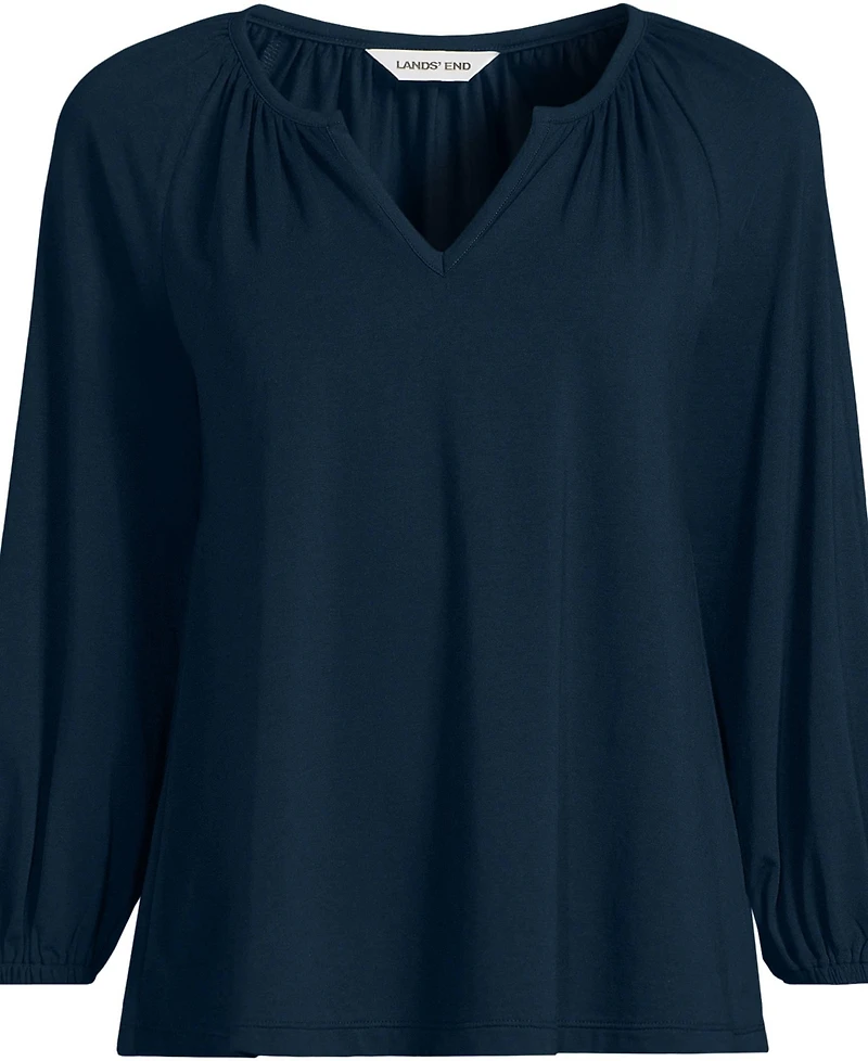 Lands' End Plus Lightweight Jersey 3/4 Sleeve Notch Neck Gather Blouse