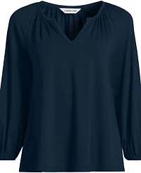 Lands' End Plus Lightweight Jersey 3/4 Sleeve Notch Neck Gather Blouse