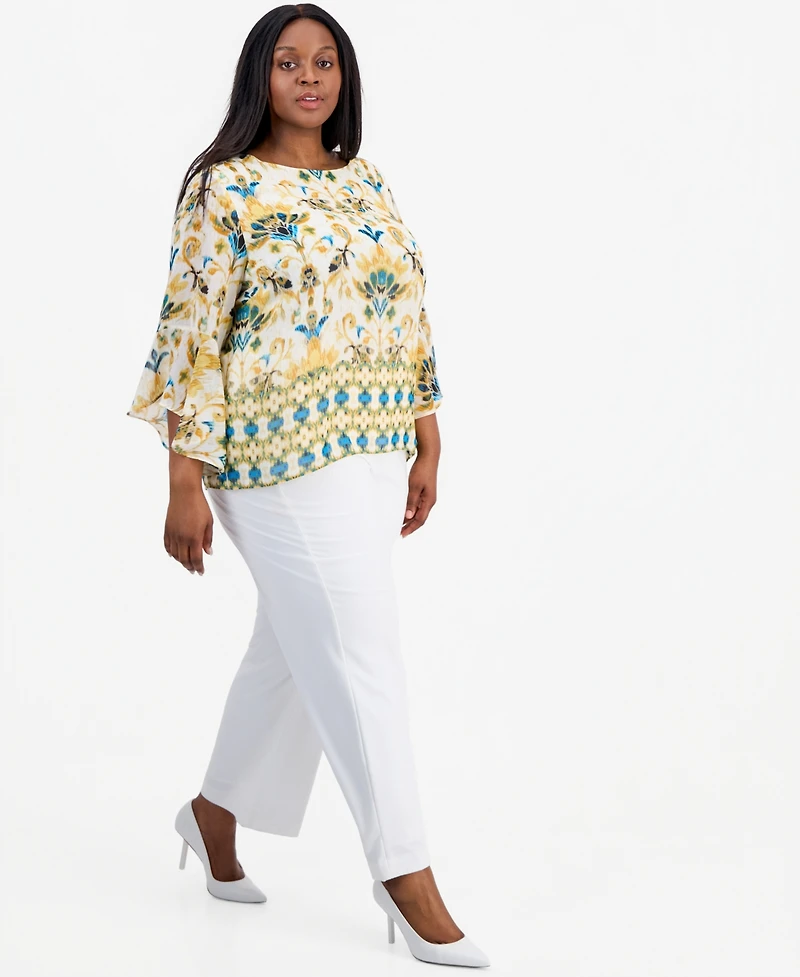 Kasper Plus Border-Print Ruffle-Sleeve Top