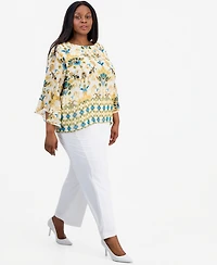 Kasper Plus Border-Print Ruffle-Sleeve Top