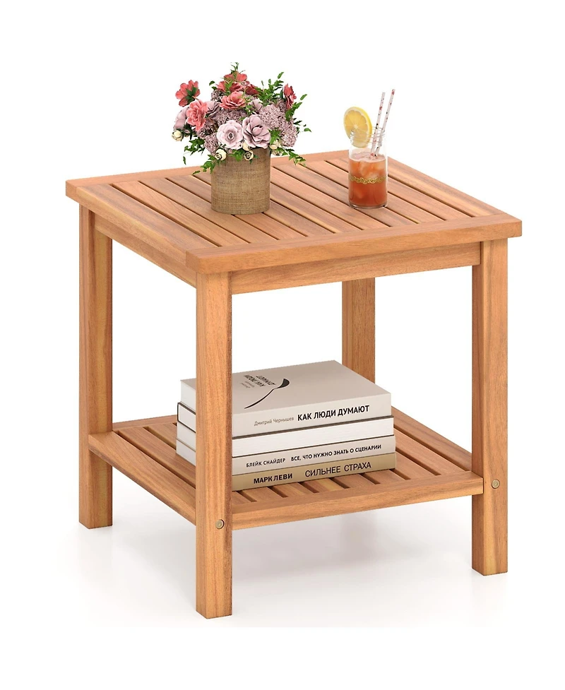 Sugift Patio Acacia Wood Side Table with Slatted Top and Storage Shelf