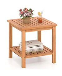 Sugift Patio Acacia Wood Side Table with Slatted Top and Storage Shelf