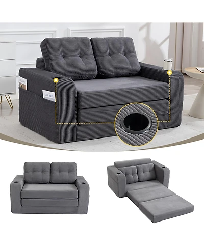 Rainsken Convertible Sofa Bed, Corduroy Loveseat Floor Couch with Cup Holders and Pillows, Multi-functional Fold Out Sofa Bed for Living Room