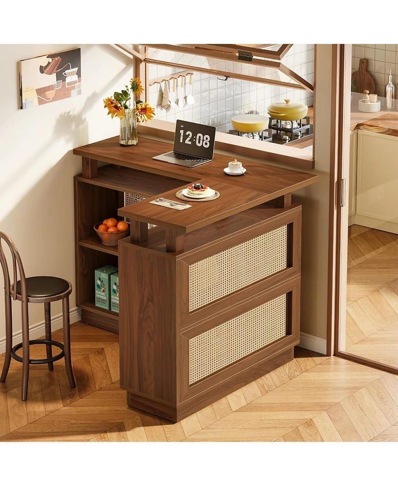 Tribesigns L Shaped Bar Table with 4-Tier Storage Shelf, Rattan Home Bar Unit with 2 Stemware Racks, Corner Mini Coffee Liquor Cabinet