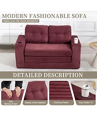 Rainsken Multi-use Convertible Sofa Bed, Boneless Corduroy Loveseat Floor Couch with Cup Holders and Pillows, Modern Sofa Bed for Living Room