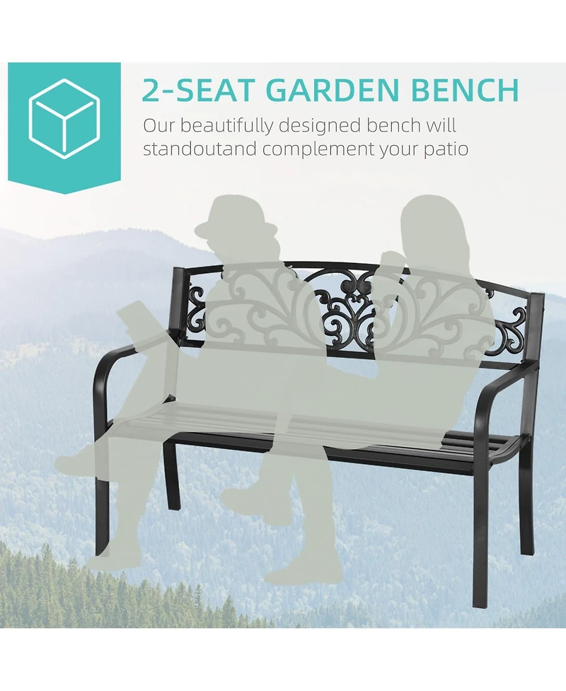 Clihome 50" Outdoor Bench, Metal Garden Bench with Floral Pattern Backrest, Porch Bench