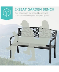 Clihome 50" Outdoor Bench, Metal Garden Bench with Floral Pattern Backrest, Porch Bench