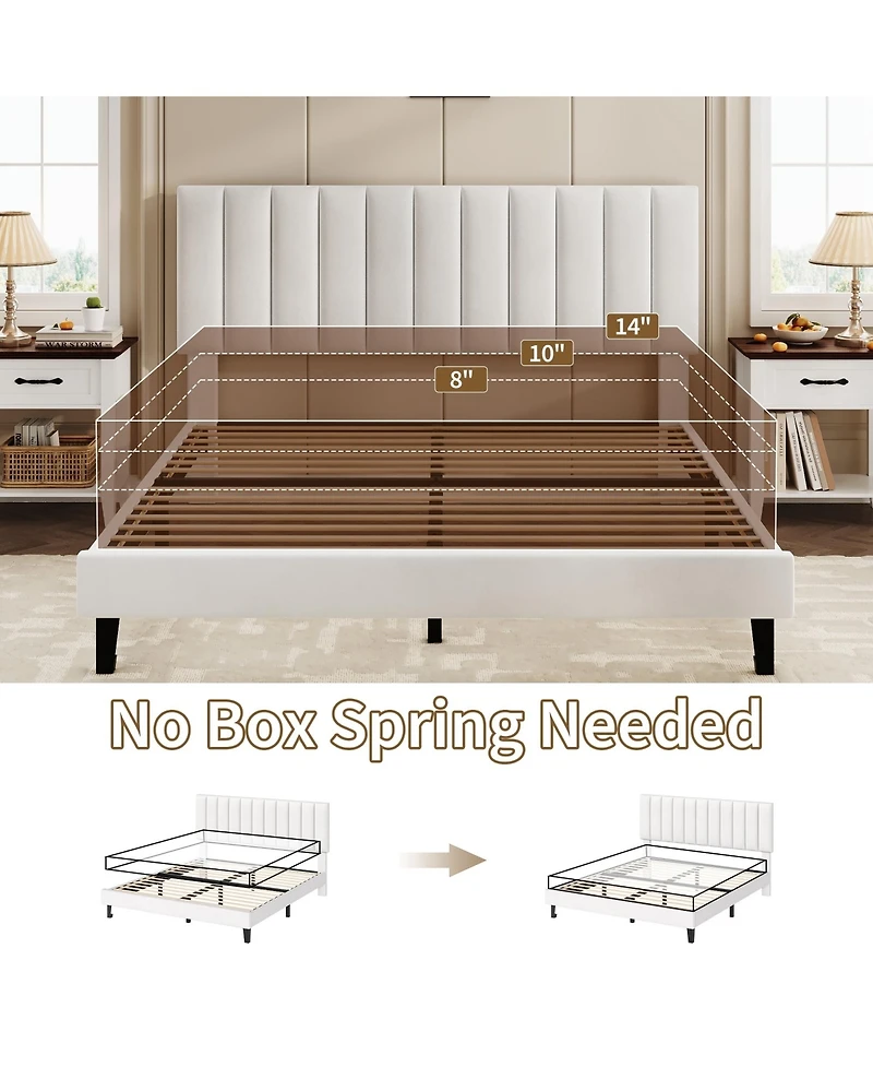 Homfan Platform Bed Frame and Velvet Upholstered Headboard with Adjustable Vertical Channel Tufted Headboard, No Box Spring Needed