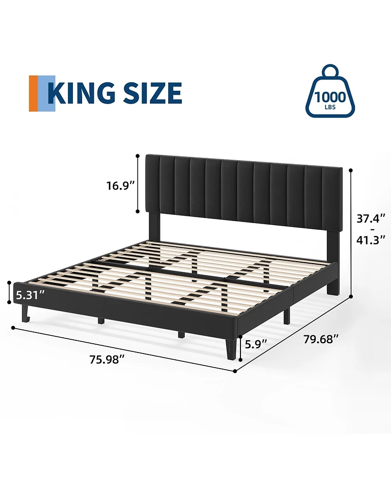 Homfan Platform Bed Frame and Velvet Upholstered Headboard with Adjustable Vertical Channel Tufted Headboard, No Box Spring Needed