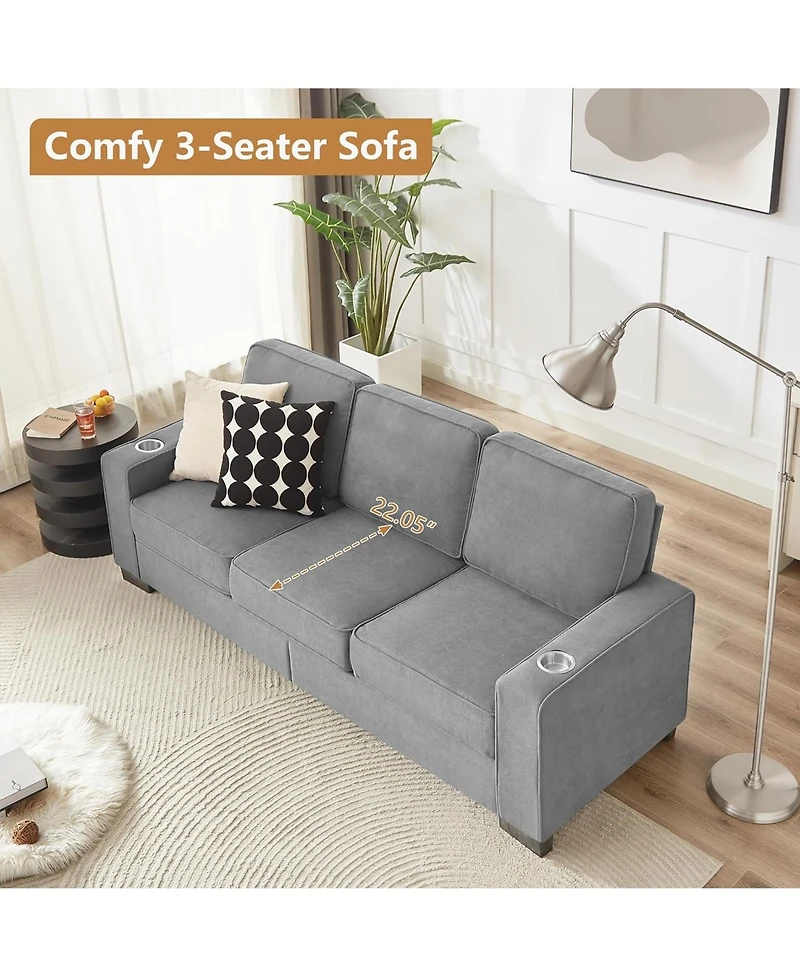 Rainsken Contemporary 3-Seat Sofa, 83.86" Soft Snowfleece Lounge Couch, Practical Upholstered Sofa with 2 Cup Holders for Living Room and Office