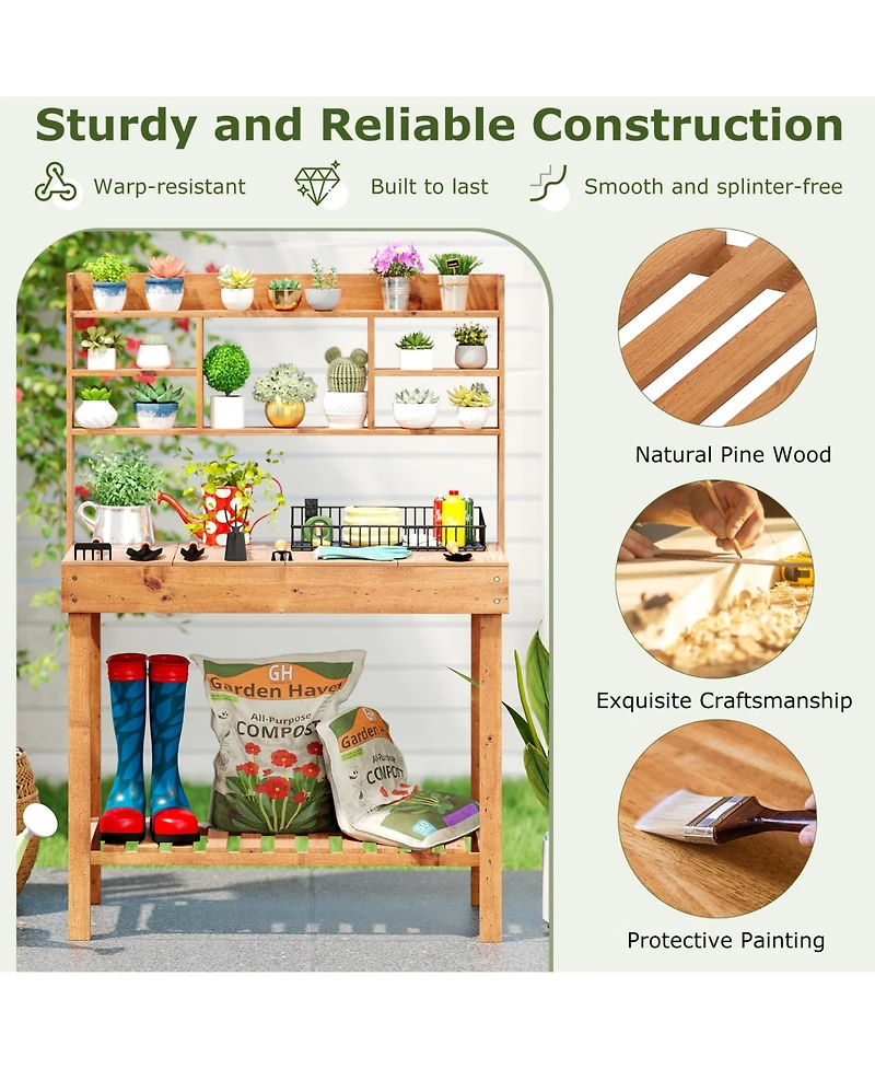 Sugift Wooden Potting Bench Garden Workstation with Open Shelves