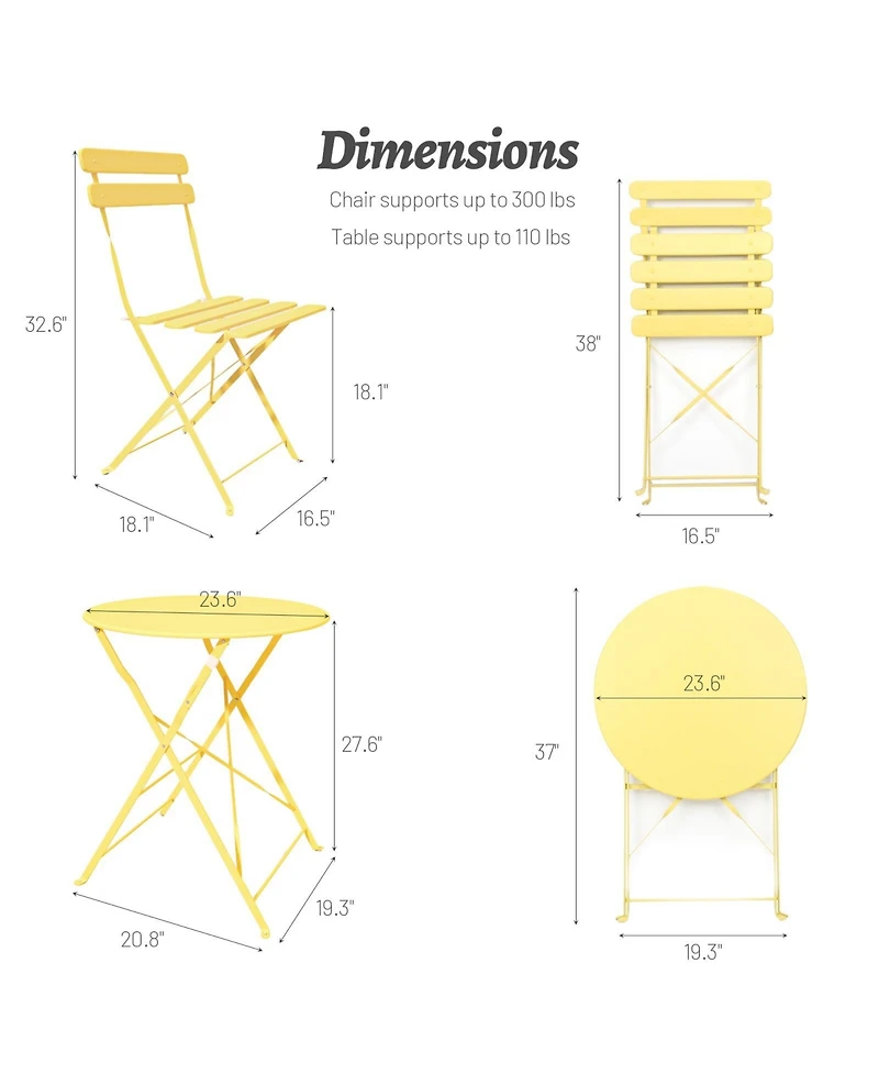 Clihome 3 Pieces Patio Bistro Balcony Metail Chair Table Set