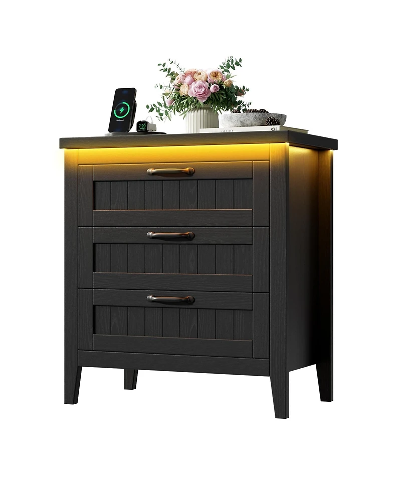 gaomon Farmhouse Drawer Dresser with Charging Station and Led Lights