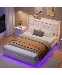 Homfan Bed Frame with Led Lights, Upholstered Headboard, Storage Shelves