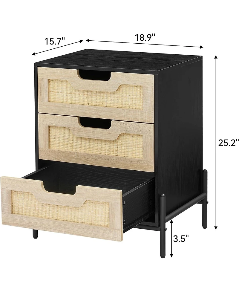 gaomon Rattan Night Stand Farmhouse Nightstand Bedside Table with 3 Drawers Farmhouse Nightstand Bedside Table with Metal Legs Sturdy and Durable Boho