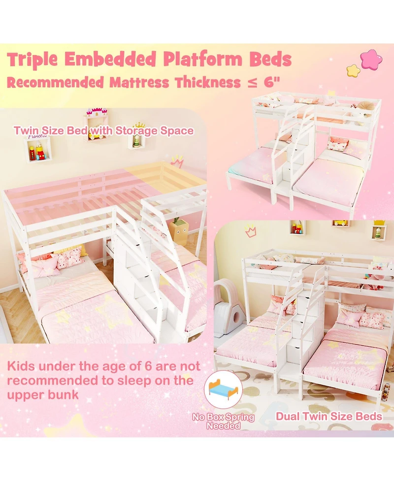 Gouun Twin Over Twin and Twin Bunk Bed with Storage Staircase and Guardrail for 3 Kids Teens