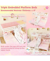 Gouun Twin Over Twin and Twin Bunk Bed with Storage Staircase and Guardrail for 3 Kids Teens